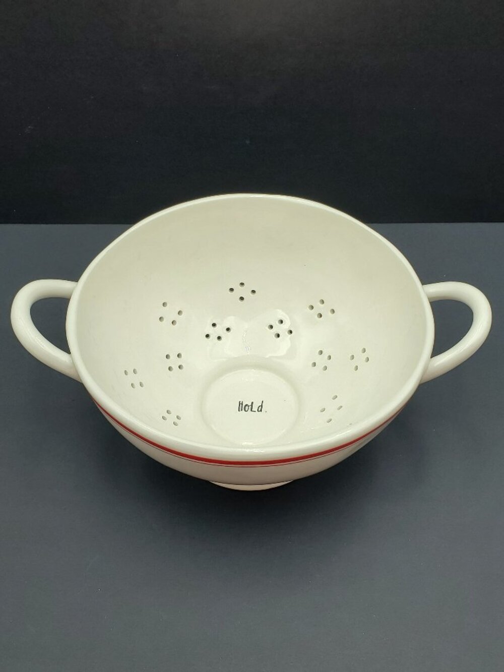 Rae Dunn Red Line Hold Colander White Ceramic Drainer with Red Band